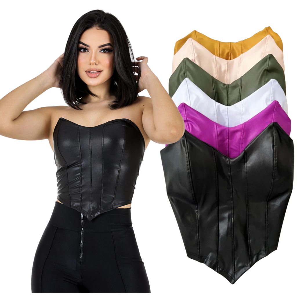 Cropped Top Morcego Courino Couro Fake Corselet Tomara Que Caia Corset Com Bojo: Preto - Branco - Nude - Rosa em Oferta na Shopee