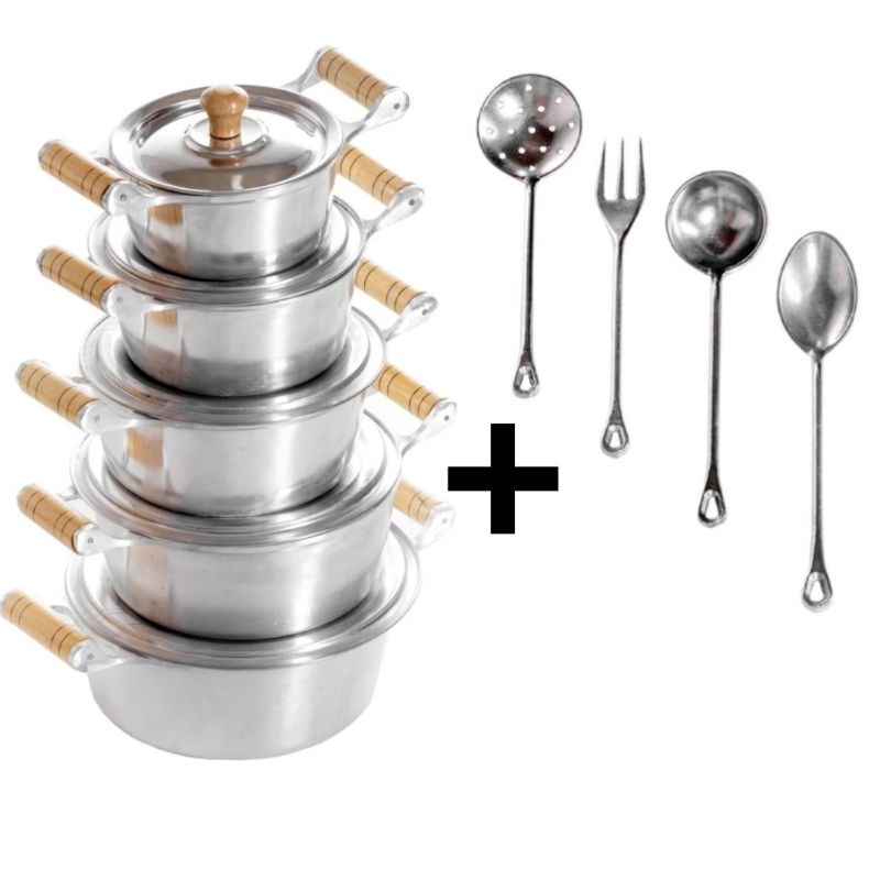 Jogo de 05 Panelas Alumínio Batido Fundido e 1 Kit de Colheres de Cozinha em Alumínio Batido Fundido