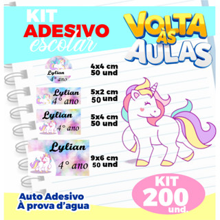 KIT adesivo UNICORNIO MODELO 1 - 200 adesivos Vinil - Autocolante - Material Escolar