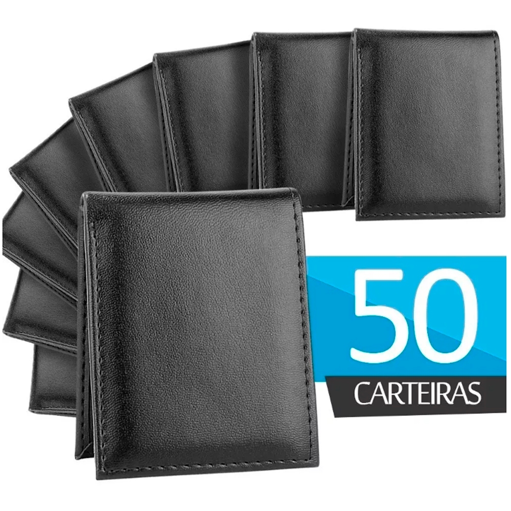 Kit 50 Carteiras Masculina Preta Basica Slim Porta Cartões