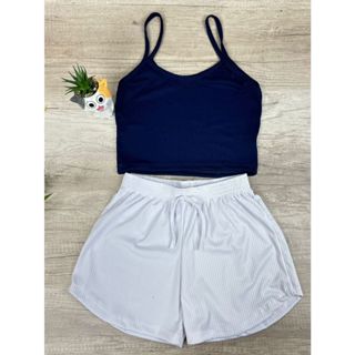 Kit Top Cropped Alcinha + Short Canelado Básica - Caminhada, Academia, Dia a Dia - Blogueira.