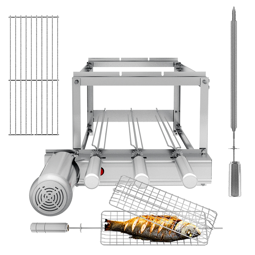 Churrasqueira Gira Grill 100% Inox 3 Espetos Giratórios + Grelha Auxiliar + Giratória Peixe - Frango