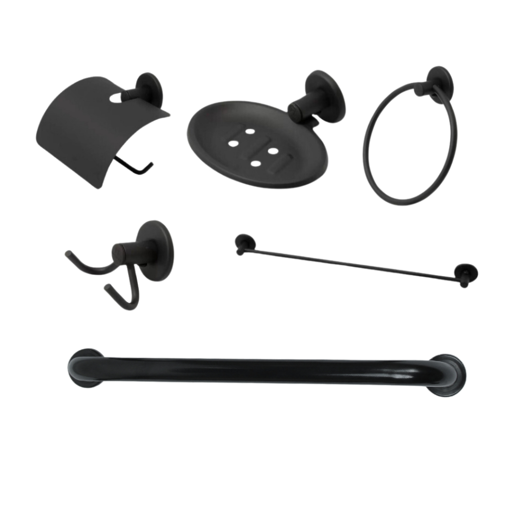 KIT BANHEIRO STANDER PRETO COM BARRA DE APOIO DE 50CM LINHA LUXO