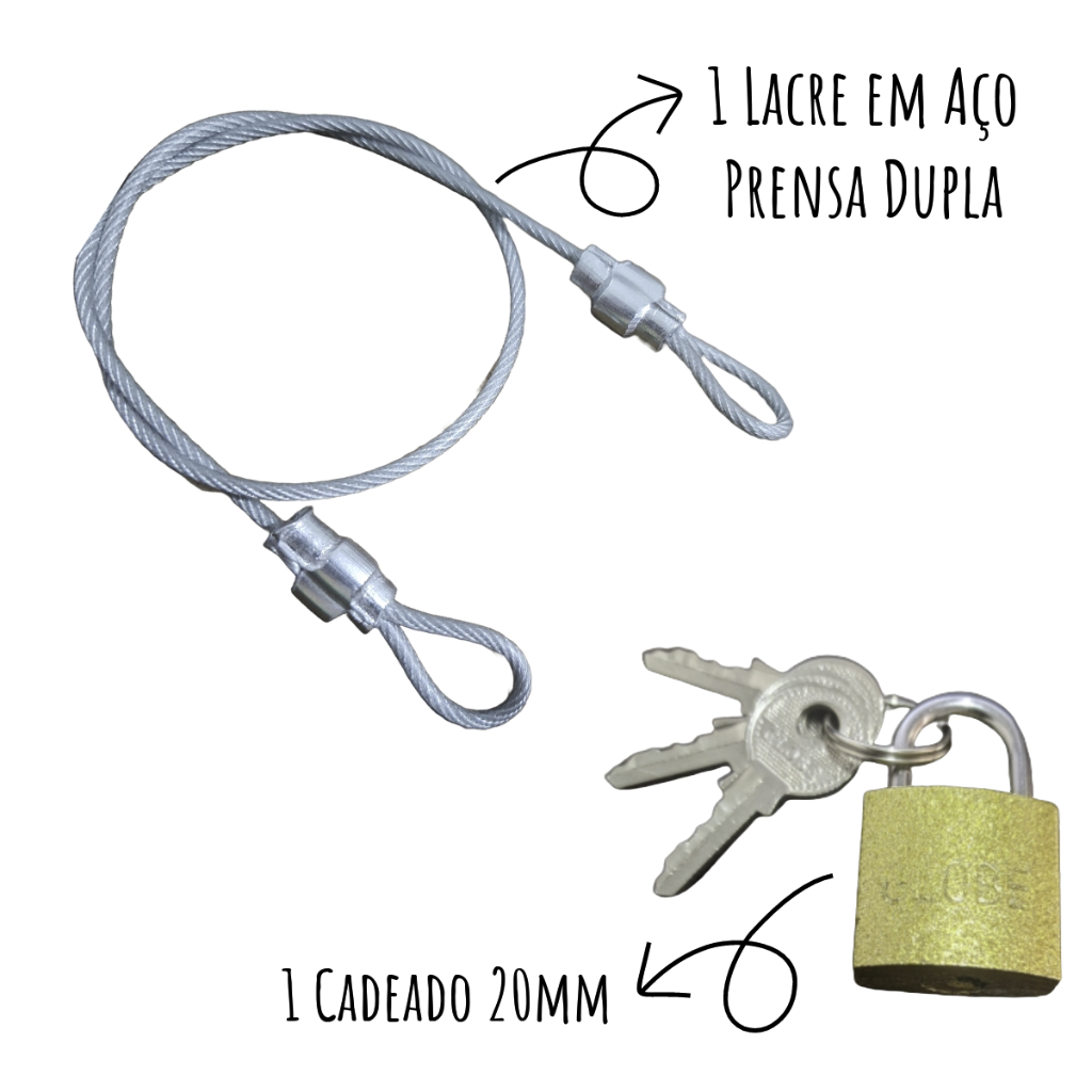 Kit Travel 1 Lacre em Aço 35cm Prensa Dupla + 1 Cadeado 20mm - Mala Bagagens Bike Capacete