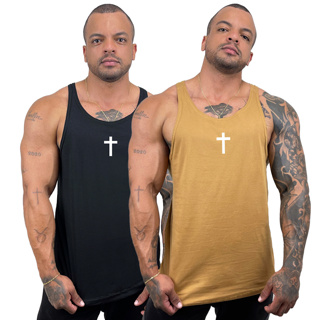 Kit com 2 Regatas Cavada Masculina em Algodão em várias cores Estampa Cruz Preto + Cores - Bombey em Oferta na Shopee