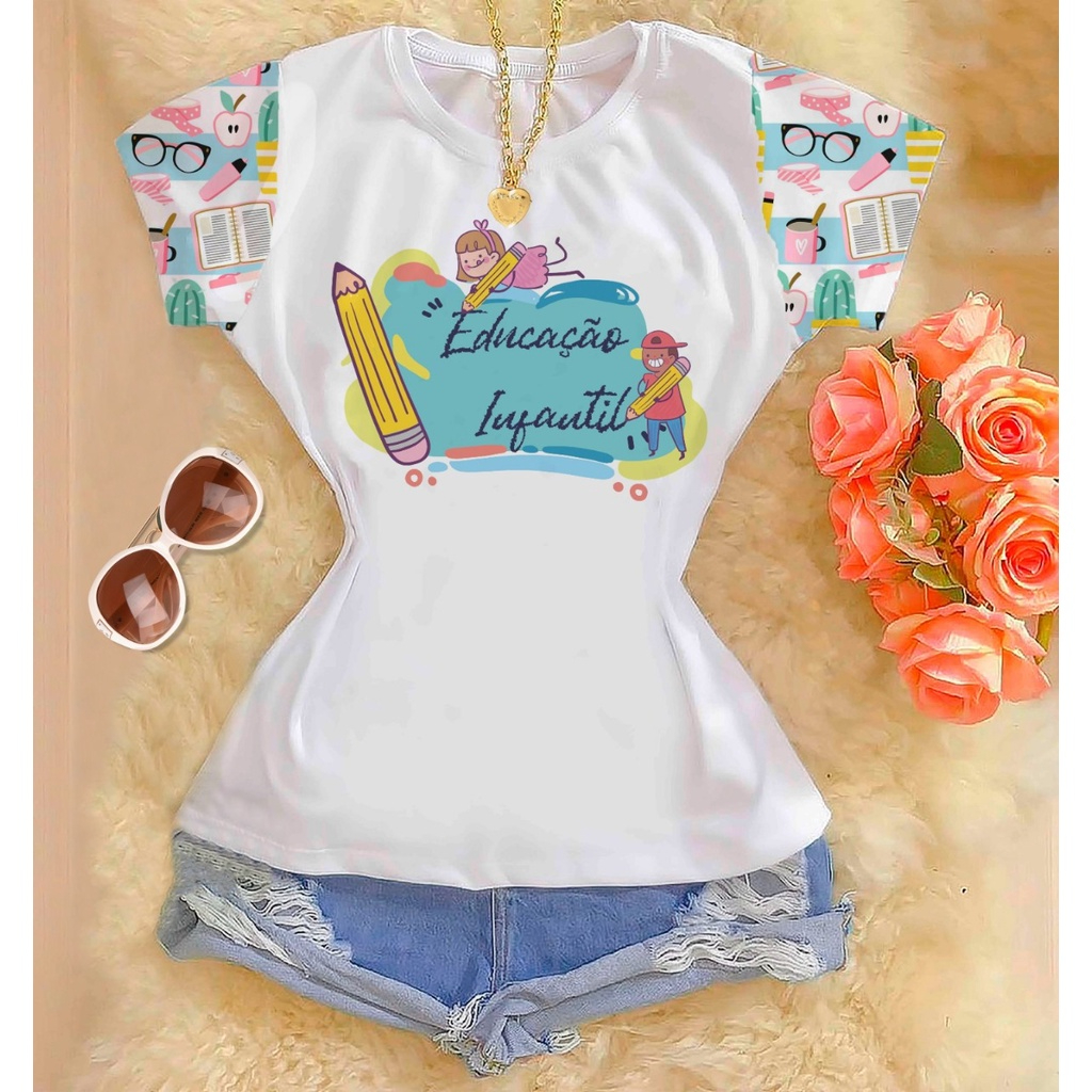 Blusa Feminina Camiseta T shirt Polielastano Manga Estampada Educação Infantil em Oferta na Shopee