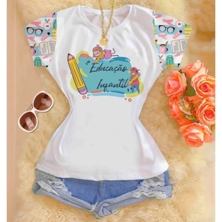Blusa Feminina Camiseta T shirt Polielastano Manga Estampada Educação Infantil em Oferta na Shopee