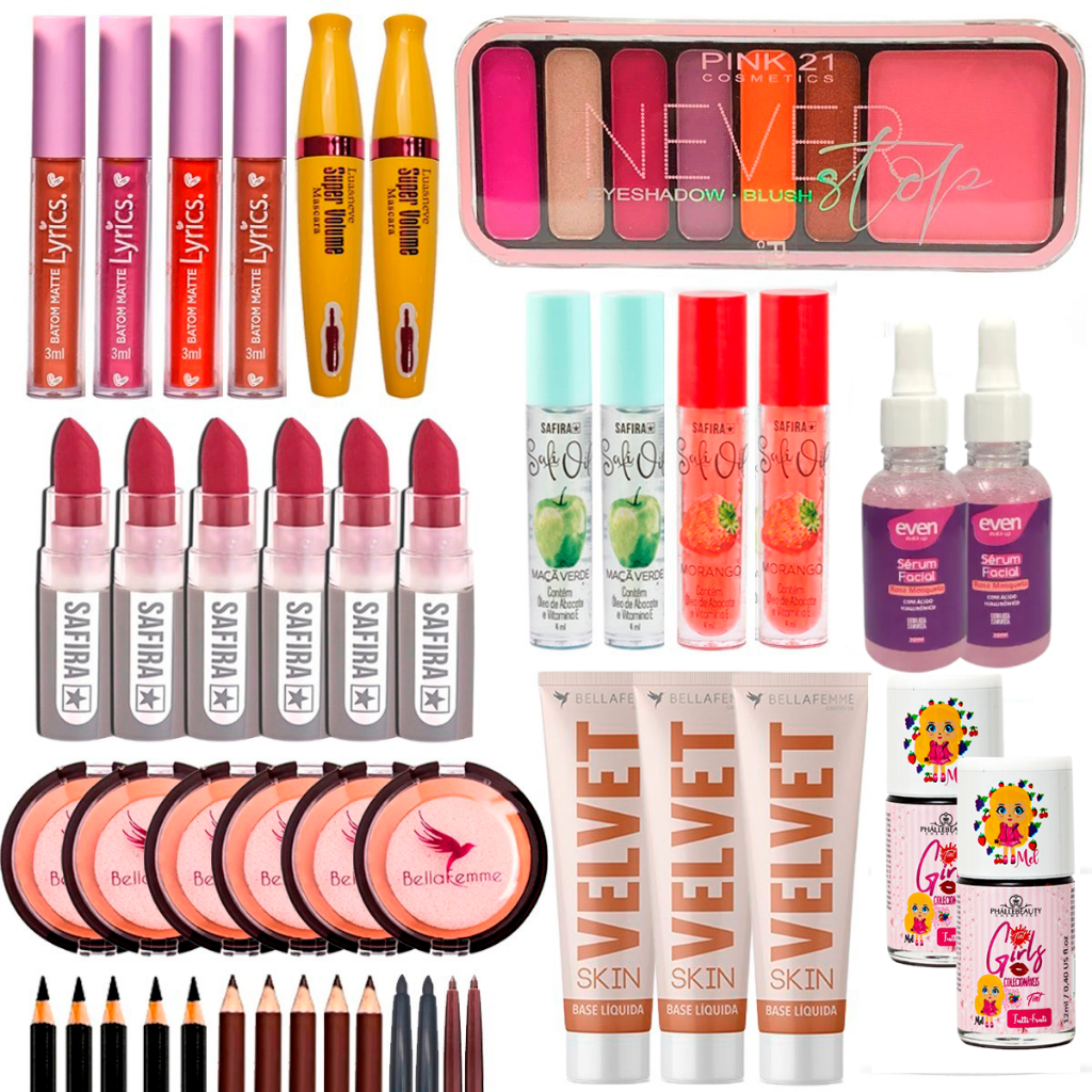 Kit Maquiagem Revenda 44 Itens Corretivo Batom Base Matte Pó