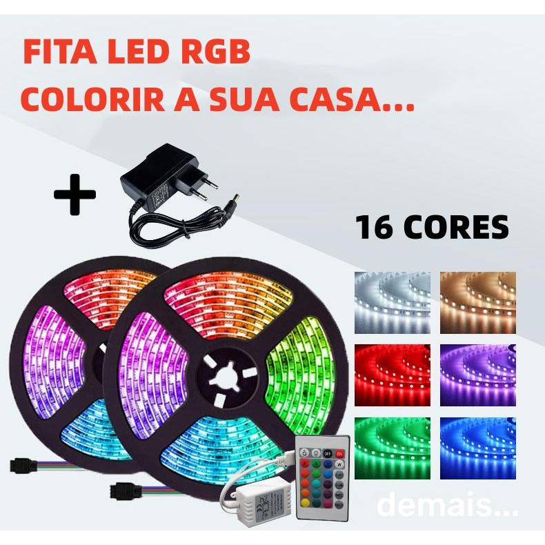 Fita Super Led RGB 5 Metros 10 Metros Á PROVA D´ ÁGUA Com controle Com Fonte Sem Fonte 16 Cores 3528 IP60 em Oferta na Shopee