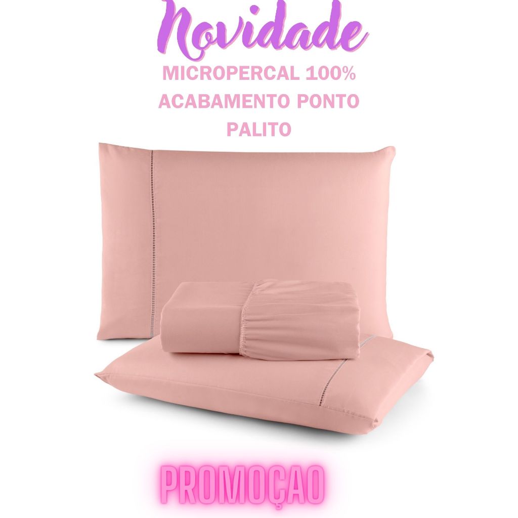 Kit Lencol queen 3 peças micropercal 1 Lencol com elástico + 2 fronha com acabamento ponto palito