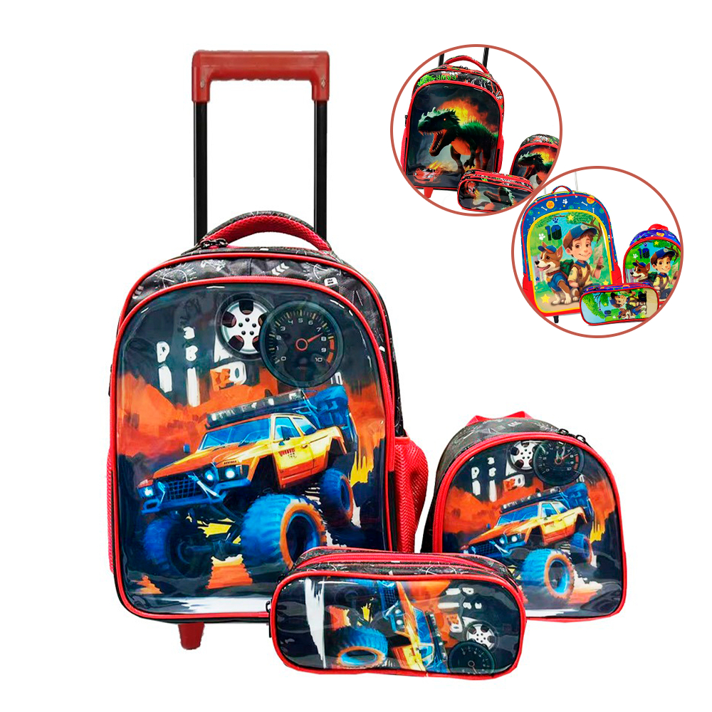 Mochila Infantil Escolar Menino Desenho Carros Lancheira Estojo