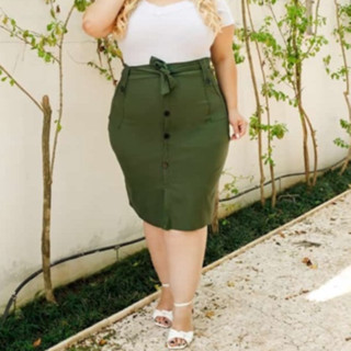 Saia Plus Size Midi Elegancia 6 Botões e Laço Cintura T 48 ao 54