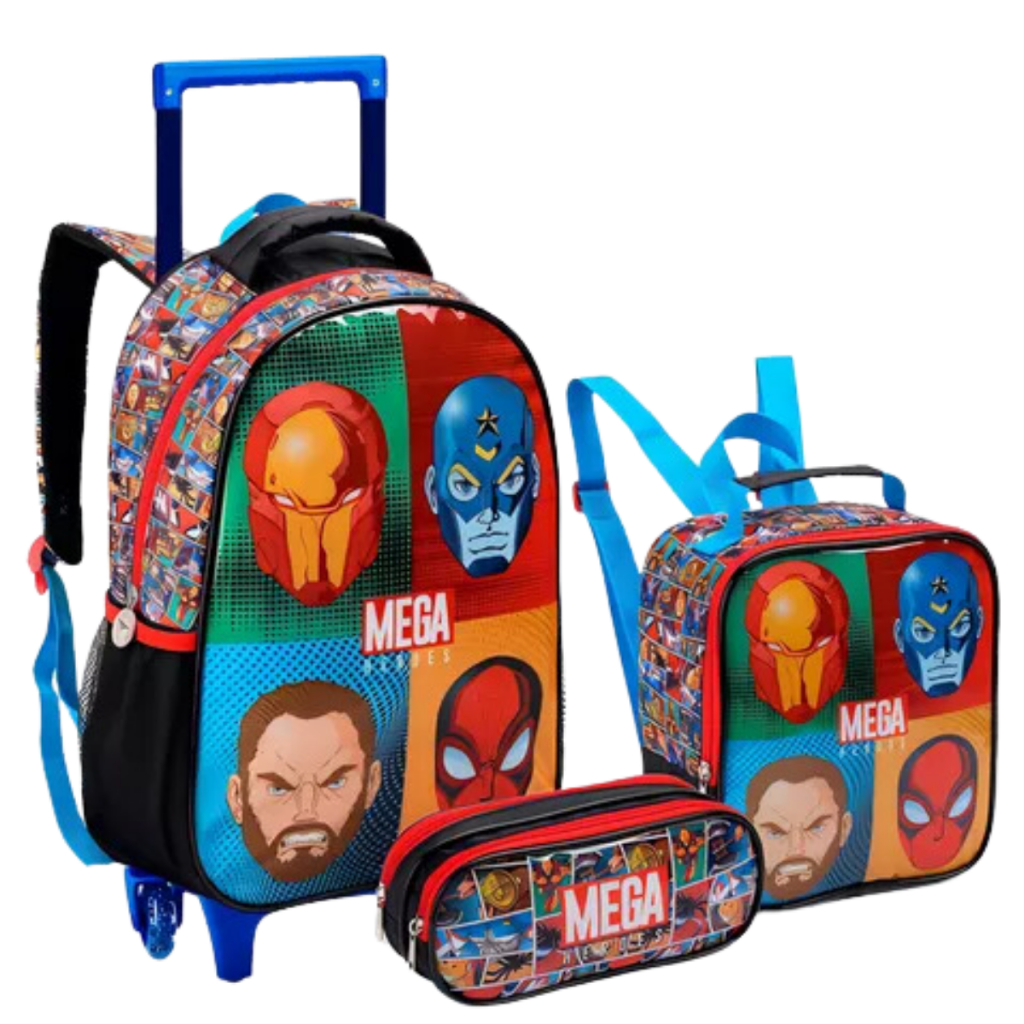 Kit Mochila Masculino Escola Infantil Rodinha Mega Heroes  Com Lancheira E Estojo Material Escolar