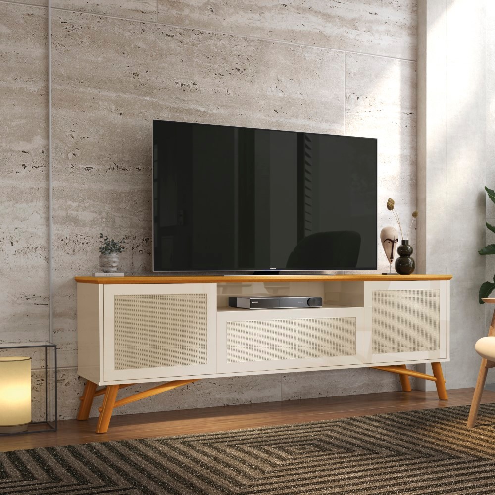 Rack para TV até 75 Polegadas 3 Portas com Pés em Madeira Maciça Rattan 178cm - Home & Living