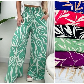 Calça feminina pantalona estampada / elástico na cintura