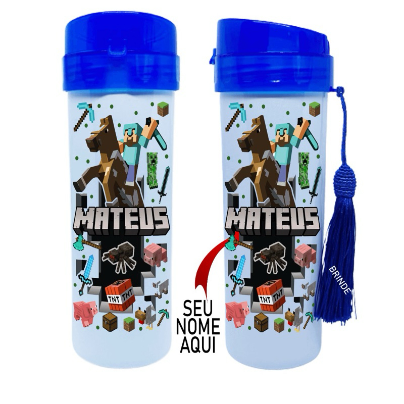 Garrafa escolar squeeze garrafinha de água Minecraft com nome personalizado em Oferta na Shopee