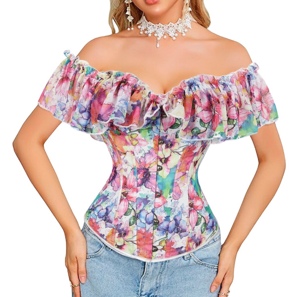 Corset Corselet Blusa Modeladora Manga Curta Renda Floral Linha Casual Estampa Floral M783