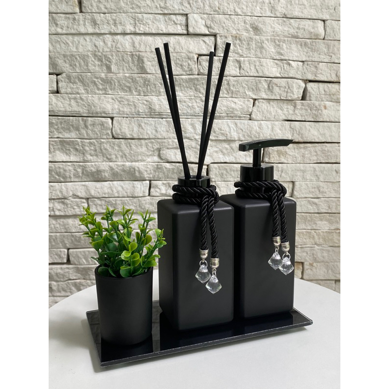 Kit Lavabo Banheiro c/ 4 Peças Luxo Moderno Bandeja Preto Fosco Vasinho