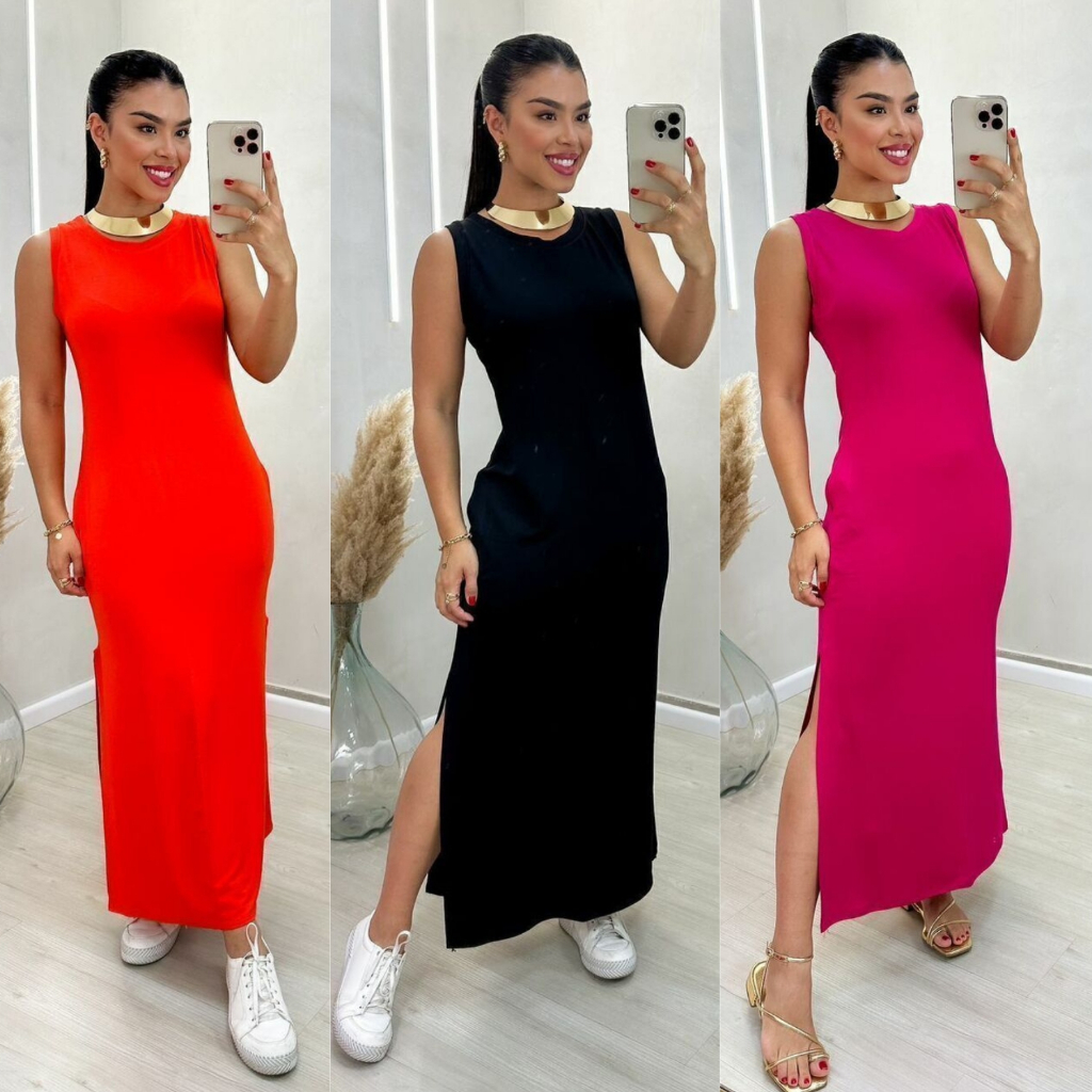 Vestido Midi Regata Viscolycra c/ Fenda Lateral Abertura na perna e bolso Feminino Longo em Oferta na Shopee