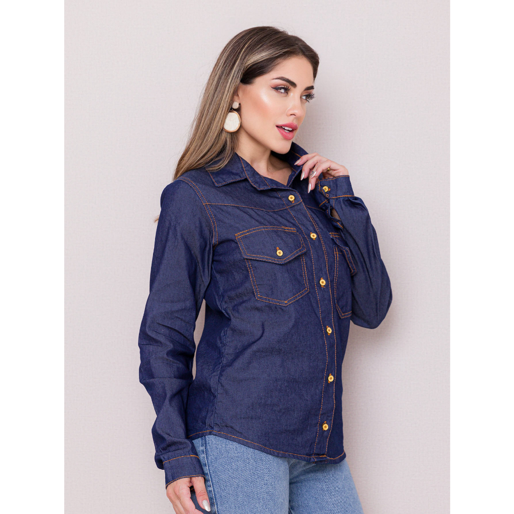 Camisa Camisete Manga Longa Tons de Jeans blusa feminina moda social