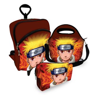 Mega Kit Mochila com Carrinho Rodinha Escolar Infantil Menino + Lancheira com Alça e Estojo Premium Qualidade - Estampas Anime Naruto MEGA OFERTA