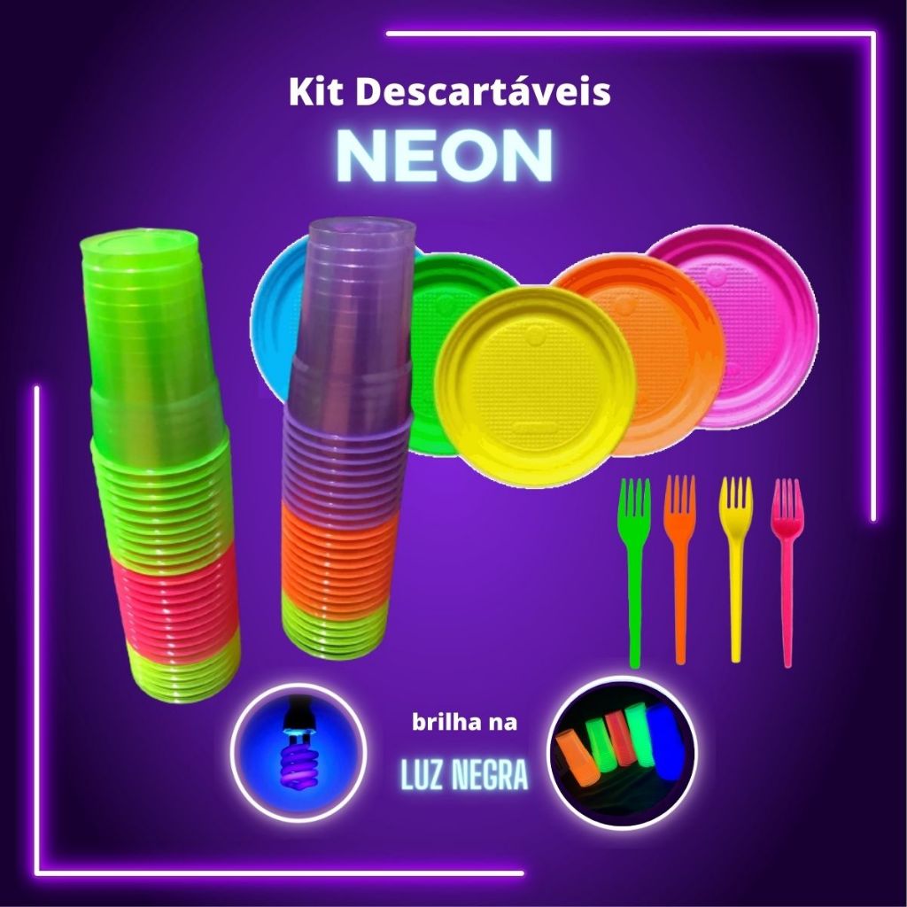 100 Copos Neon + 50 Pratos + 50 Garfos Festa Neon Balada