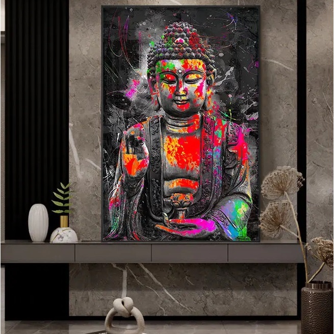 Imagem Quadro decorativo 1 peça 90x70 Estátua de buda pop arte sakyamuni grafite abstrato aquarela estátua decoração para casa sala quarto hall