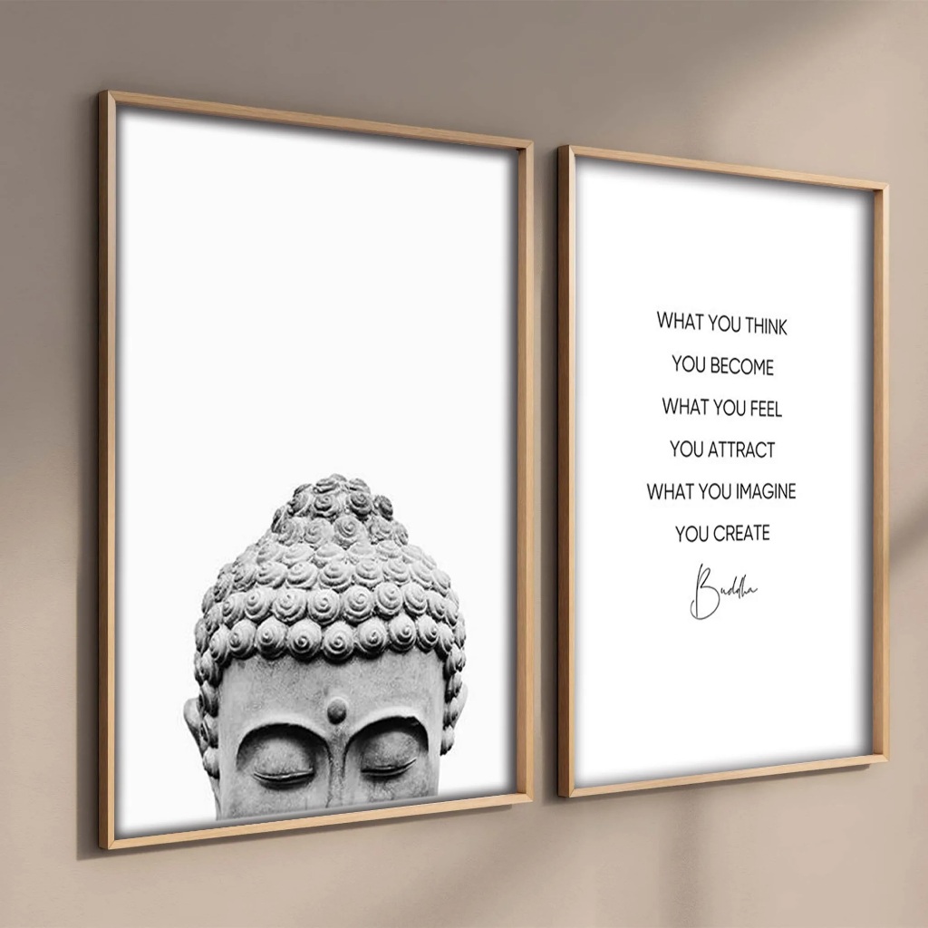 Imagem Quadro decorativo 2 peças Preto e branco Buda estátua Citação Religião Yoga decoração para casa sala quarto hall