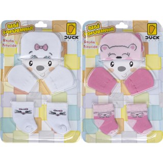 2 Kits para bebê recém nascido maternidade com 1 touca + 1 par de luvas + 1 par de sapatinho/meias Duck Fofurinha