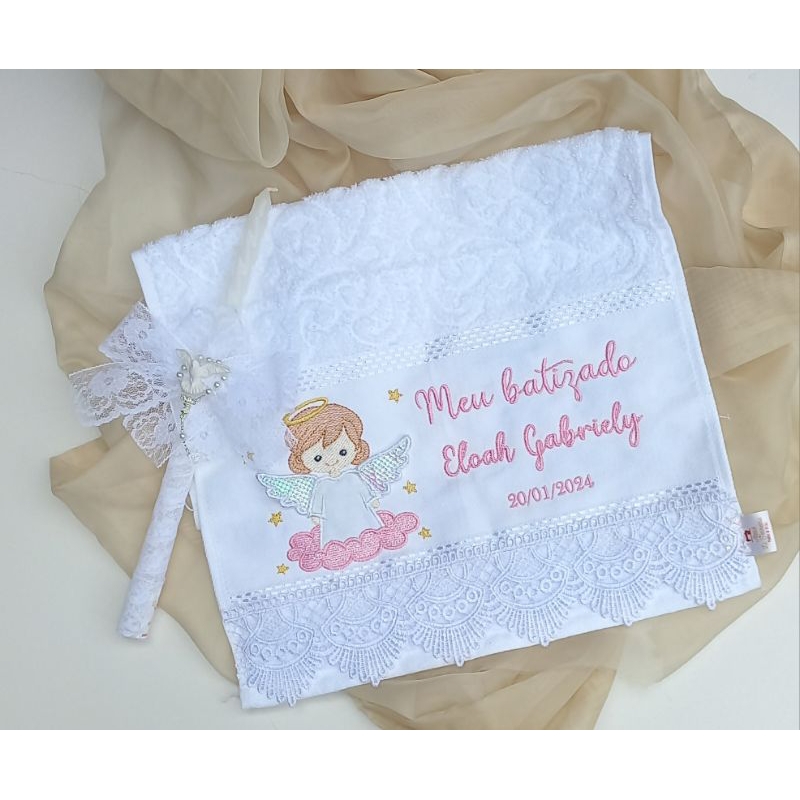 Toalha para Batizado personalizada + vela (Modelo Anjo com asa 3d)