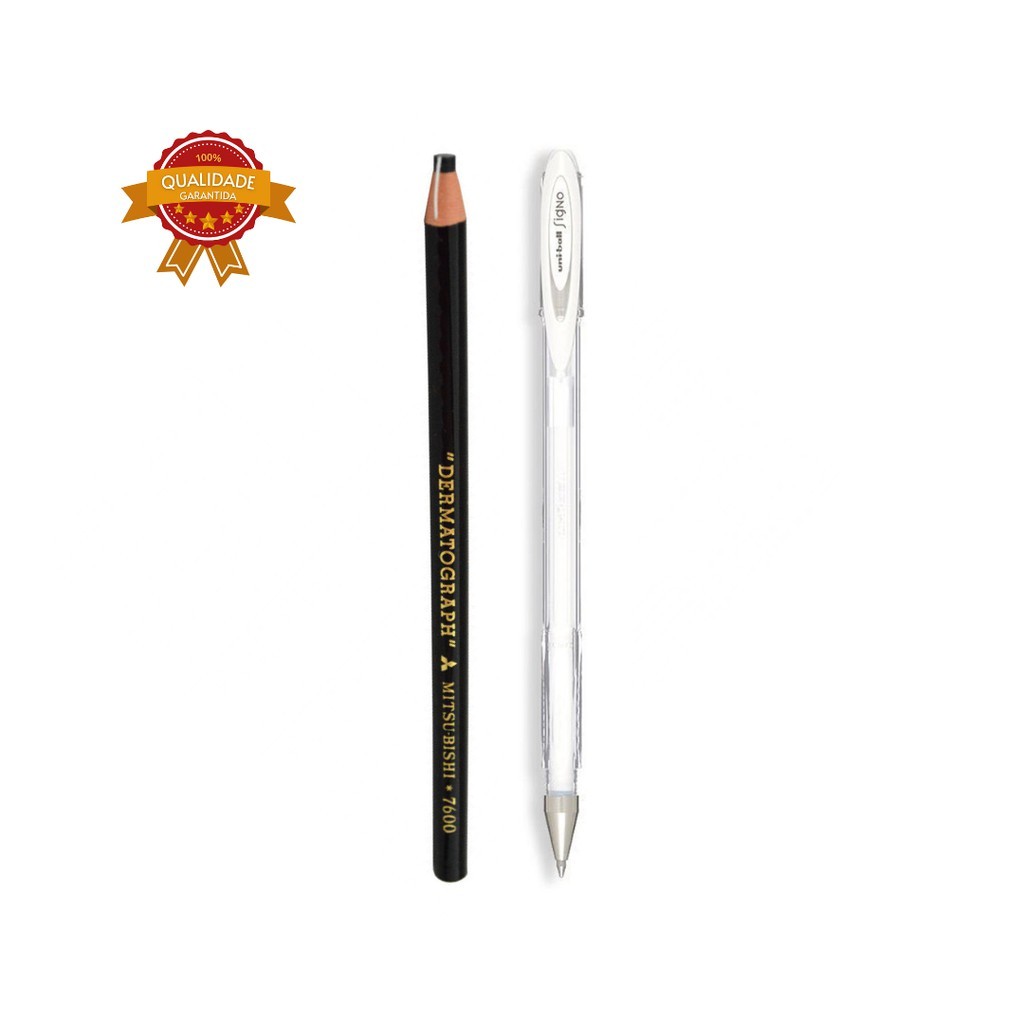 Imagem Kit 1 Lápis dermatográfico Mitsubishi 7600-preto + 1 Caneta gel Signo Angelic Colour branca