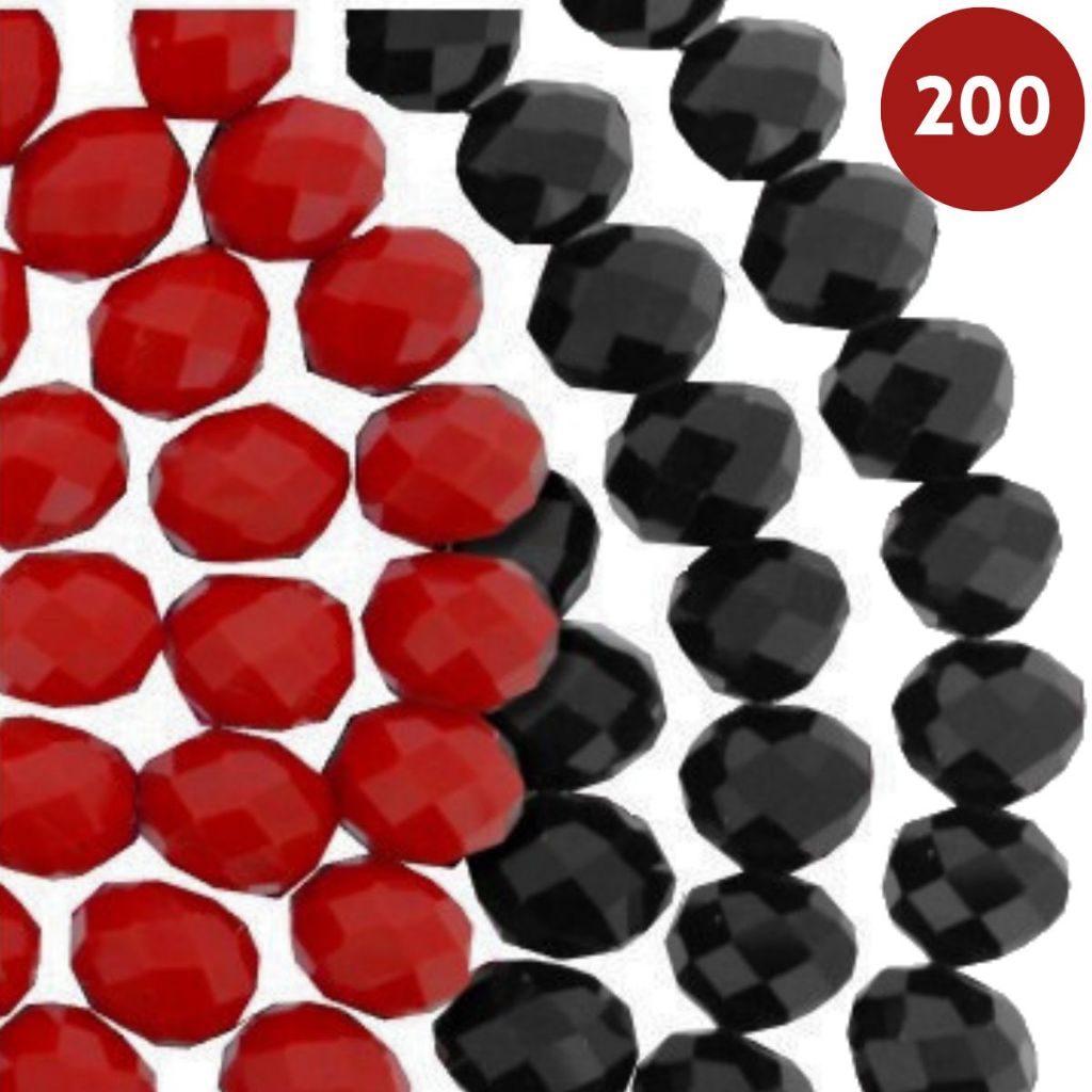 100 Missangas de cristal Vermelho e 100  Missangas de cristal Preto 8mm | Para Guia umbanda candomblé