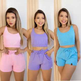 Conjunto Feminino Conjunto Gringa Cropped Shorts Cós Alto Moletom Moda Blogueira