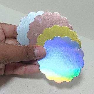 20 Apliques Escalope em Papel Laminado 250g Ouro, Prata, Rose Gold e Holográfico Tamanho 4cm, 5cm, 6cm e 7cm para caixinhas, toppers de bolo, enfeite, convites e etc