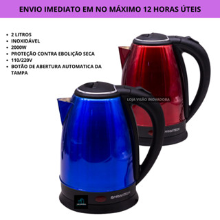 Chaleira Elétrica 2 Litros Mannatech Aço Inox Potente 2000W 110/220V Azul e Vermelho