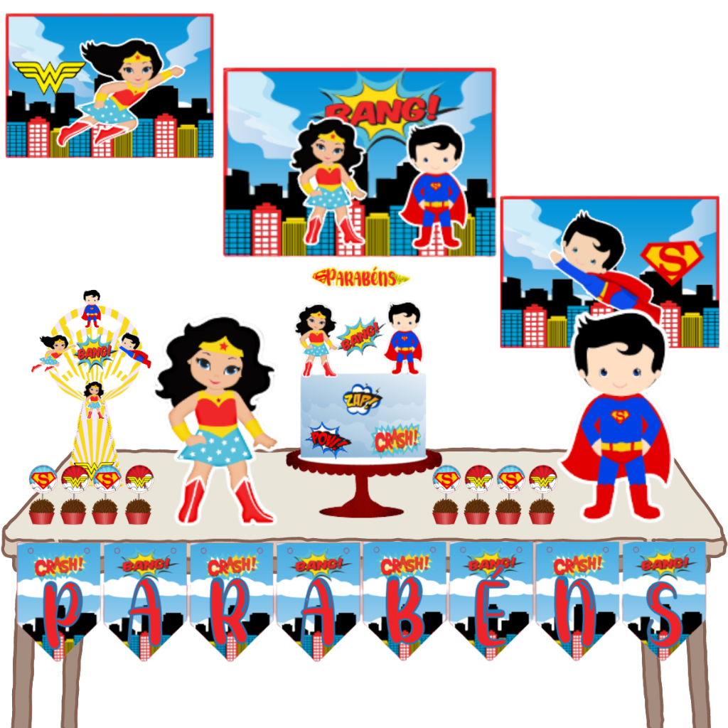 kit festa em casa só um bolinho Super man e mulher maravilha decoração aniversario