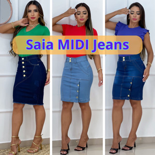 Saia Jeans Secretária - Tamanho MIDI - Moda Evangélica - Elastano