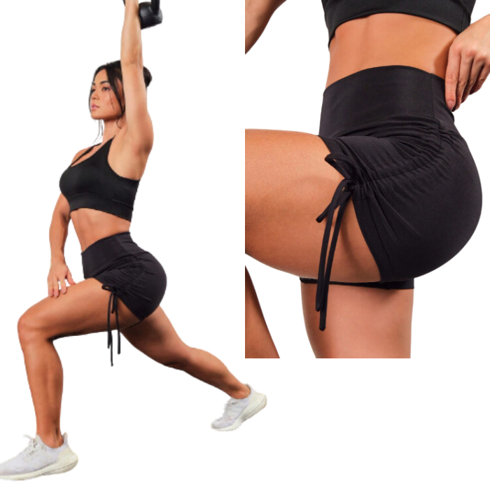 Shorts Cordinha Lateral Preto Curto Corda Roupa de Academia Fitness Shorts Treino