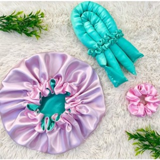 KIT Touca + Modelador com Scrunchies + 1 Scrunchies Cetim Luxo Rosa com Tifanny