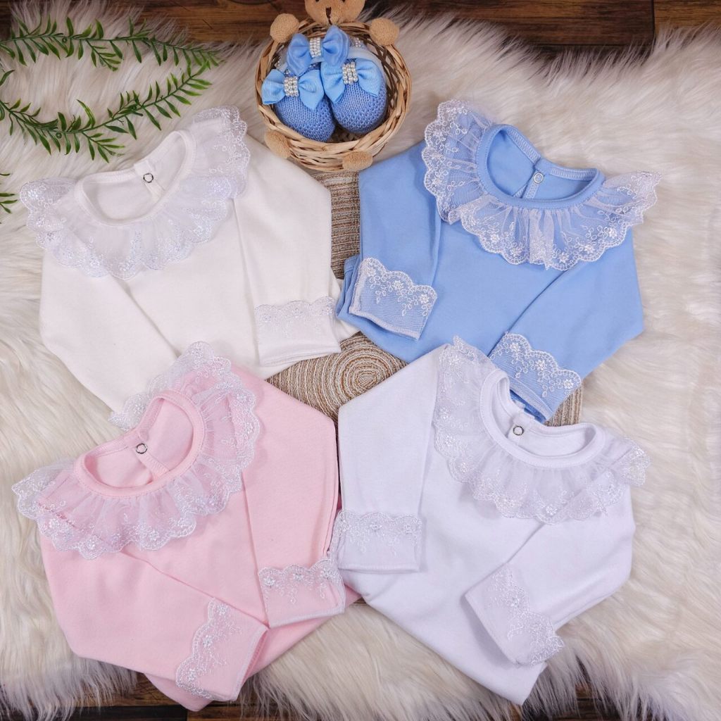 Roupa de Bebê Body Rendado Saída de Maternidade Manga Longa 100% Algodão