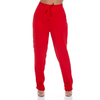 Calça Reta Feminina Elástico Na Cintura Com Bolso Cintura Alta Tecido Duna Vermelho