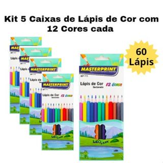 Kit 5 Caixas de Lápis de Cor 12 Cores Escolar 60 Lápis Sextavado - Masterprint Premium