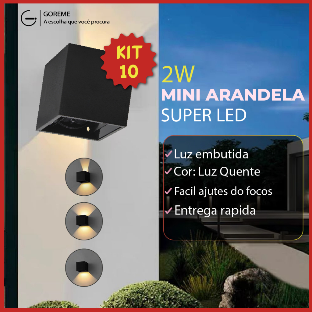 Kit 10 Arandela LED 2W Slim 2 Focos Ajustáveis + Luz Embutida - Modelo Europeu Moderno Interno e Externo Paredes e Muros Preto Branco e Marrom