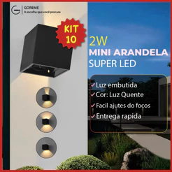 Kit 10 Arandela LED 2W Slim 2 Focos Ajustáveis + Luz Embutida - Modelo Europeu Moderno Interno e Externo Paredes e Muros Preto Branco e Marrom