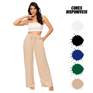 Calça Pantalona Feminina Com Bolso Moda Blogueira Cintura Alta Tecido Duna