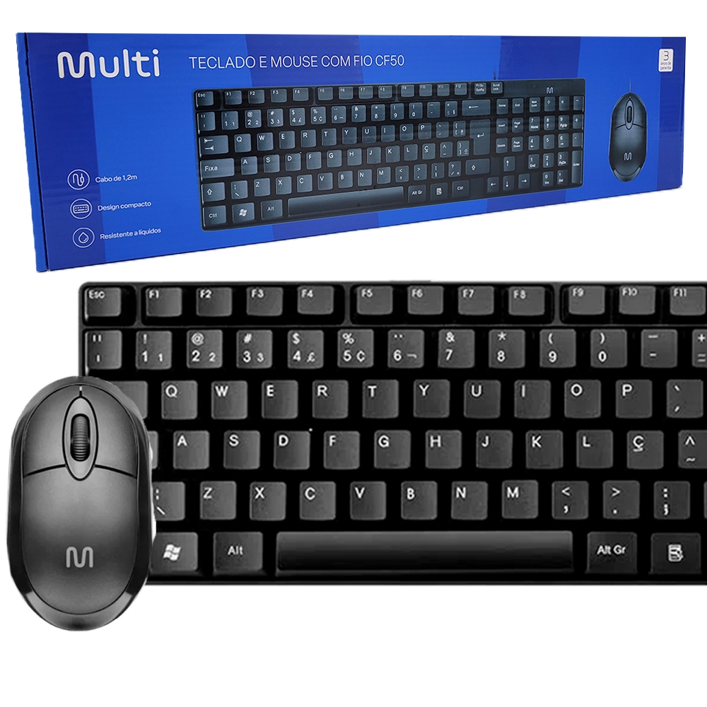 Kit Teclado E Mouse Basico Com Fio Usb Original Qualidade Multilaser Pc Notebook Preto ABNT2