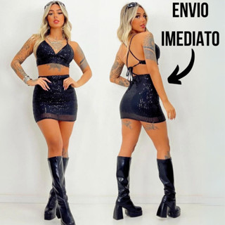 Conjunto Cropped e Saia em Paetê Top Biquíni de Brilho balada moda feminina festa