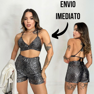 Conjunto Cropped Biquíni e Short Paetê Top de Brilho balada moda feminina festa