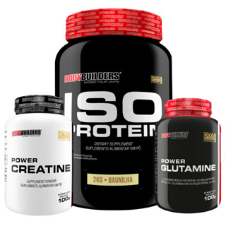 Kit Wey Protein Isolado 2kg + Creatina Power 100g + Glutamina Power 100g Para Ganho de Massa Muscular Magra - Bodybuilders