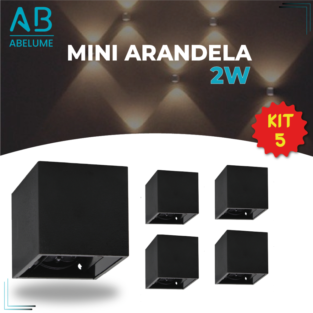 Kit 5 Arandela LED 2W Slim 2 Focos Ajustáveis + Luz Embutida - Modelo Europeu Moderno Interno e Externo Paredes e Muros Preto Branco e Marrom